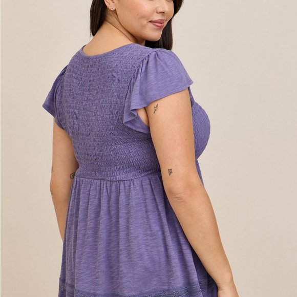 Torrid - Size 2 - Babydoll Crew Neck Smocked Bodice Lace Inset Top - Picture 3 of 4